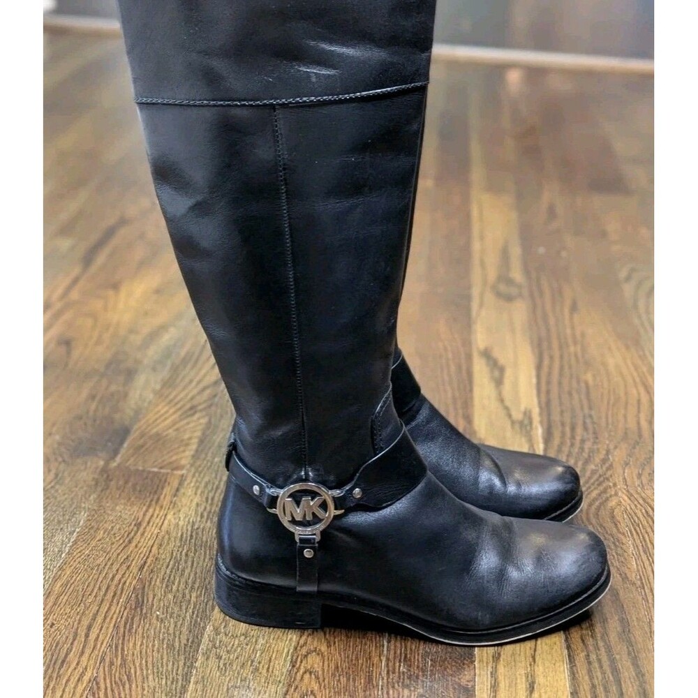 Michael Kors Riding Boots Women’s 8.5M Black Leather Tall Knee High MK Logo Zip
